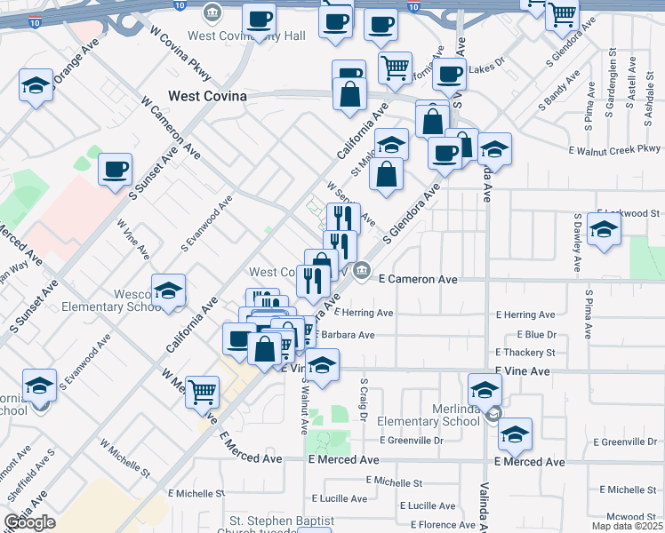 map of restaurants, bars, coffee shops, grocery stores, and more near 824 West Cameron Avenue in West Covina