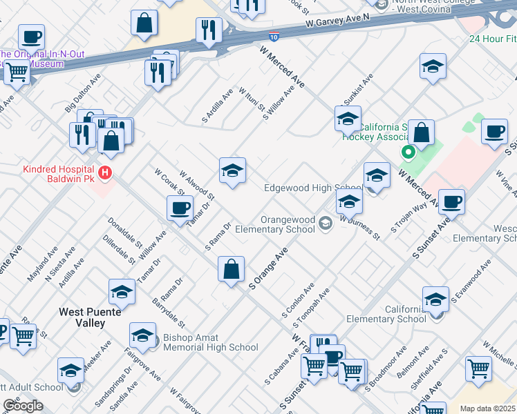 map of restaurants, bars, coffee shops, grocery stores, and more near 1521 South Sunkist Avenue in West Covina