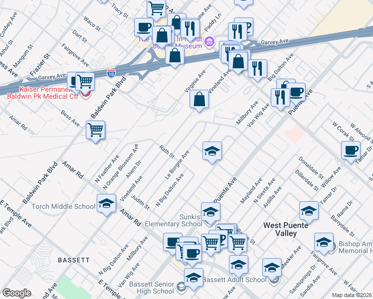 map of restaurants, bars, coffee shops, grocery stores, and more near 1202 Le Borgne Avenue in La Puente