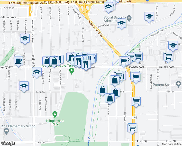map of restaurants, bars, coffee shops, grocery stores, and more near 9042 Garvey Avenue in Rosemead