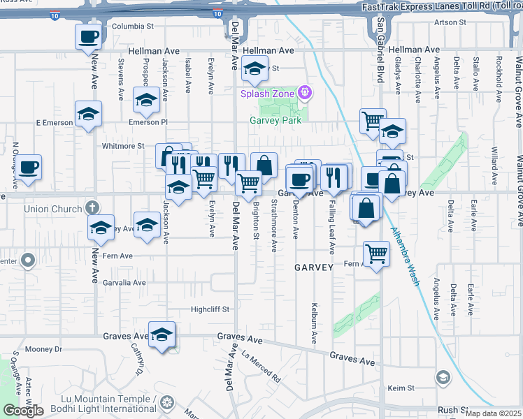 map of restaurants, bars, coffee shops, grocery stores, and more near 2730 Brighton Avenue in Rosemead