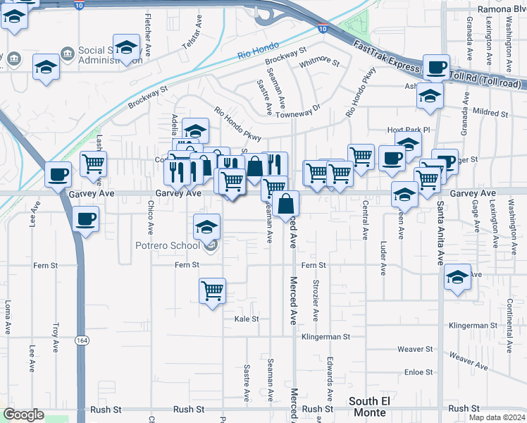 map of restaurants, bars, coffee shops, grocery stores, and more near 2731 Seaman Avenue in El Monte