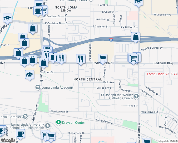 map of restaurants, bars, coffee shops, grocery stores, and more near 43 Crooks Street in Loma Linda