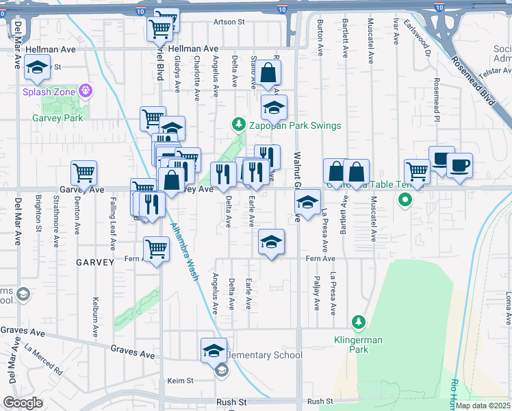 map of restaurants, bars, coffee shops, grocery stores, and more near 2736 Earle Avenue in Rosemead
