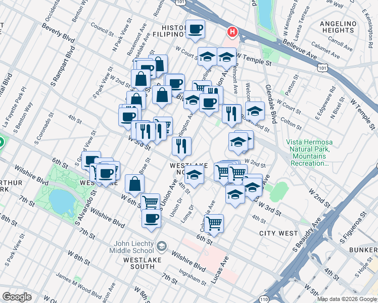 map of restaurants, bars, coffee shops, grocery stores, and more near 264 South Union Avenue in Los Angeles