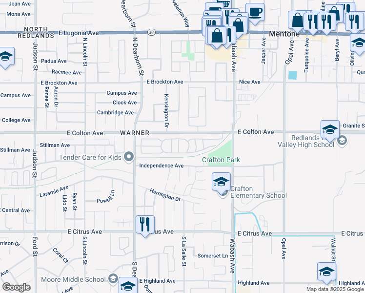 map of restaurants, bars, coffee shops, grocery stores, and more near 626 North Dearborn Street in Redlands