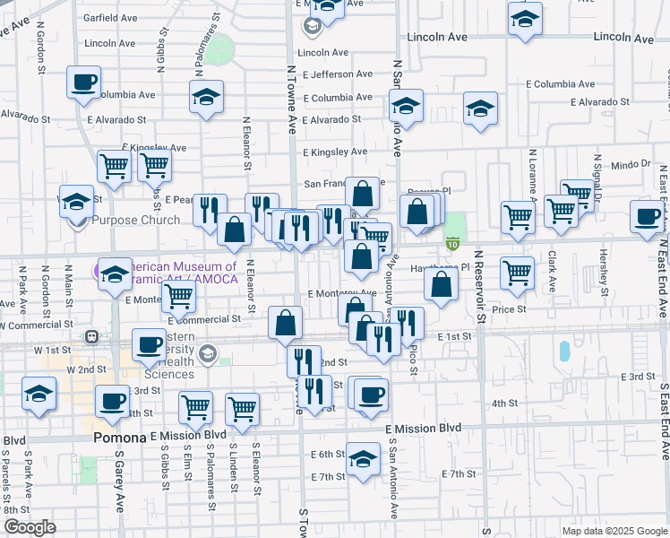 map of restaurants, bars, coffee shops, grocery stores, and more near 429 Paloma Drive in Pomona