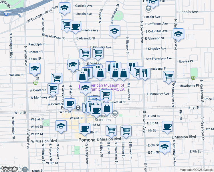 map of restaurants, bars, coffee shops, grocery stores, and more near 250 East Holt Avenue in Pomona