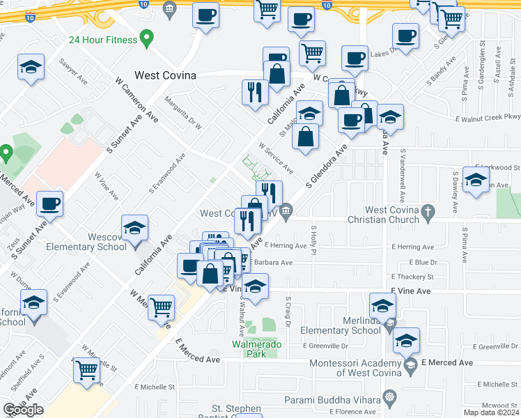 map of restaurants, bars, coffee shops, grocery stores, and more near 824 West Cameron Avenue in West Covina