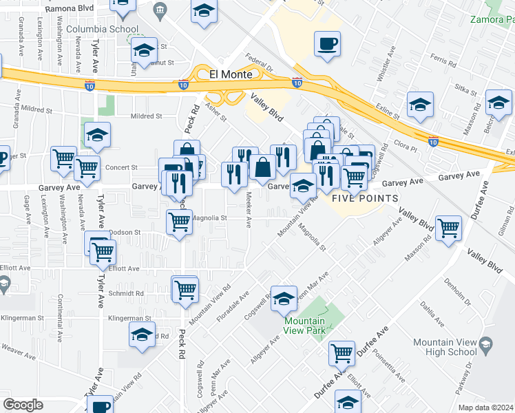map of restaurants, bars, coffee shops, grocery stores, and more near 2820 Meeker Avenue in El Monte