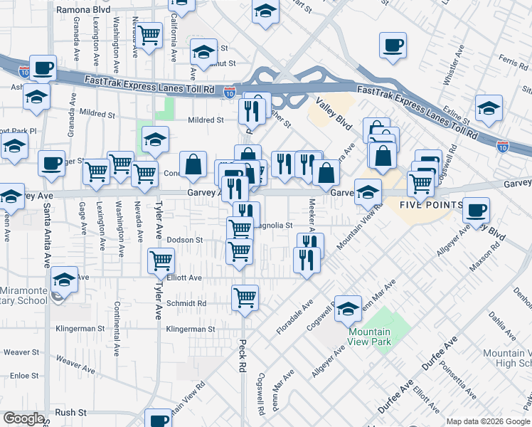 map of restaurants, bars, coffee shops, grocery stores, and more near 11400 Garvey Avenue in El Monte