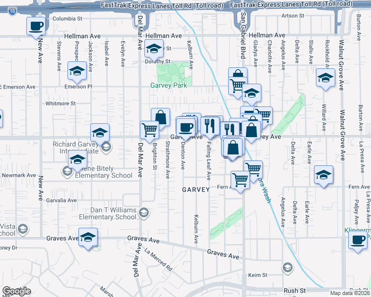 map of restaurants, bars, coffee shops, grocery stores, and more near 2741 Kelburn Avenue in Rosemead