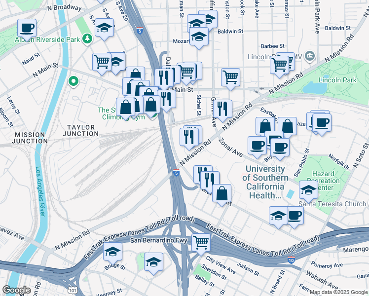 map of restaurants, bars, coffee shops, grocery stores, and more near 1736 Workman Street in Los Angeles