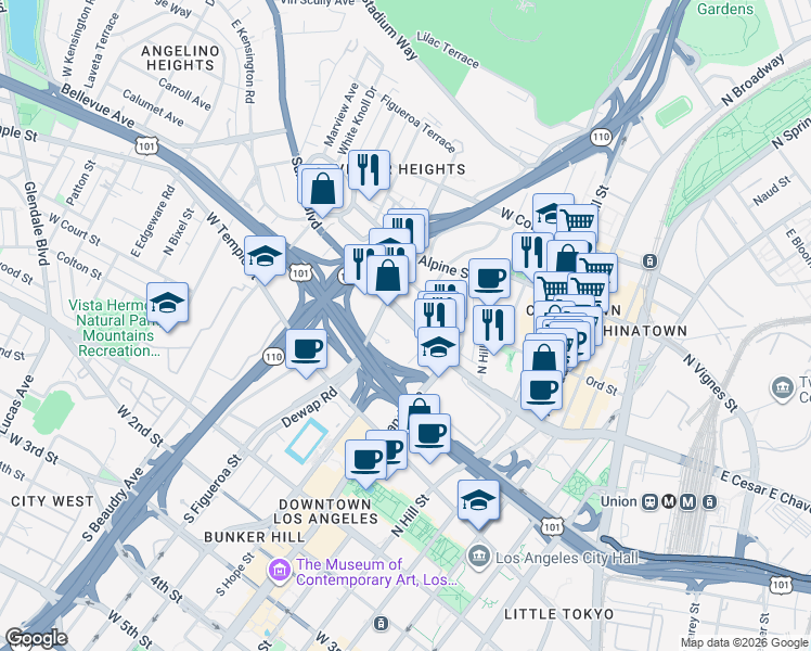 map of restaurants, bars, coffee shops, grocery stores, and more near 817 West Cesar Estrada Chavez Avenue in Los Angeles
