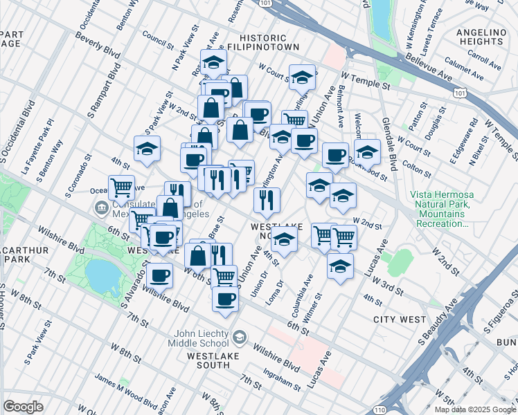 map of restaurants, bars, coffee shops, grocery stores, and more near 261s South Burlington Avenue in Los Angeles