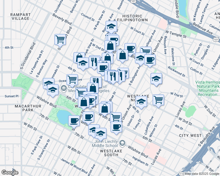 map of restaurants, bars, coffee shops, grocery stores, and more near 309 South Westlake Avenue in Los Angeles