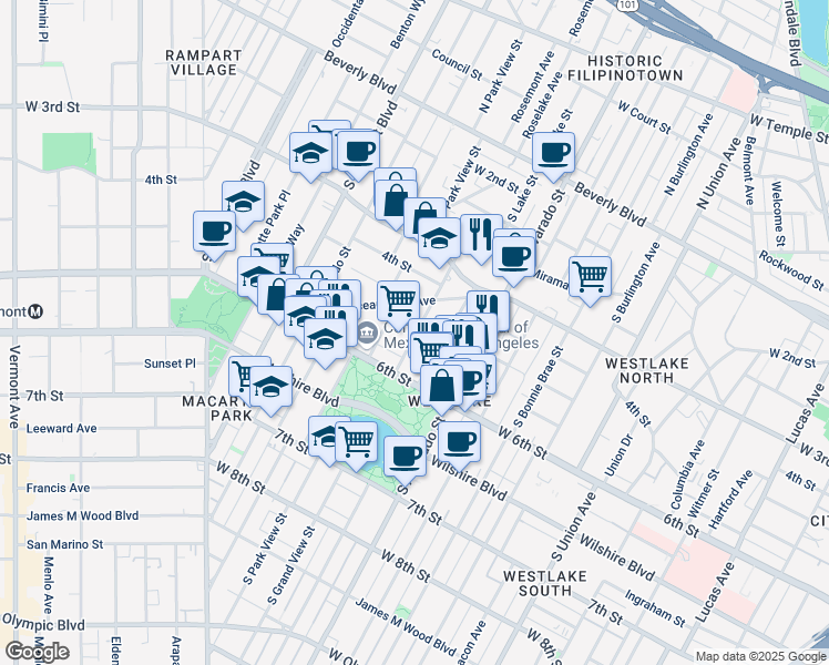 map of restaurants, bars, coffee shops, grocery stores, and more near 437 South Grand View Street in Los Angeles