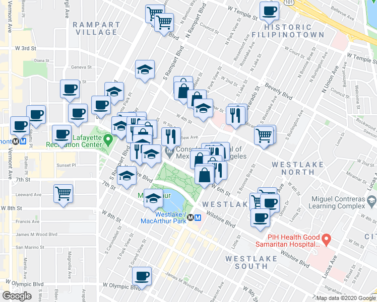 map of restaurants, bars, coffee shops, grocery stores, and more near 437 South Grand View Street in Los Angeles