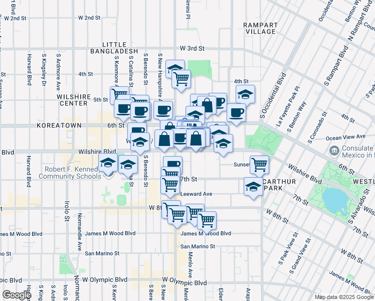 map of restaurants, bars, coffee shops, grocery stores, and more near 643-649 Shatto Place in Los Angeles
