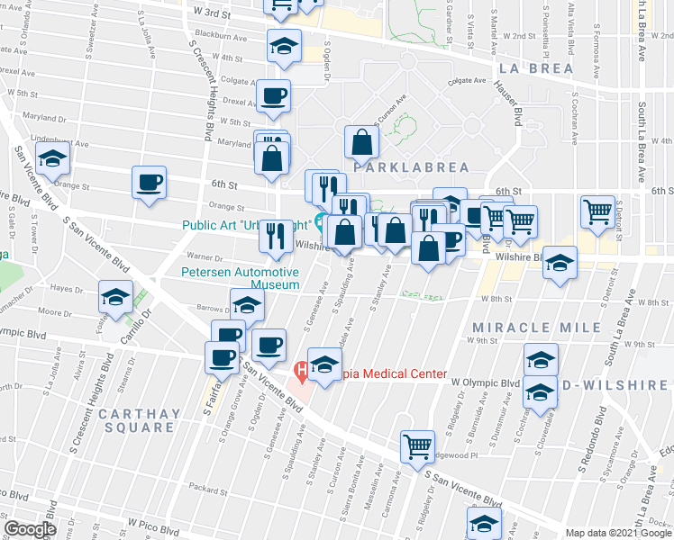 map of restaurants, bars, coffee shops, grocery stores, and more near 720 South Genesee Avenue in Los Angeles