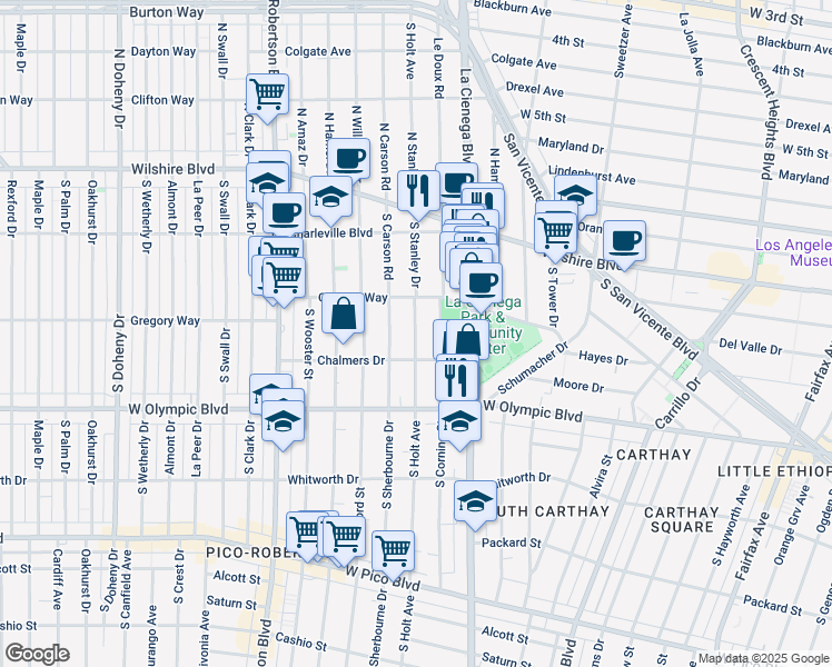 map of restaurants, bars, coffee shops, grocery stores, and more near 837 South Holt Avenue in Los Angeles