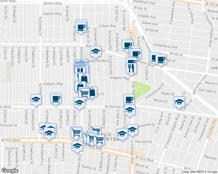 map of restaurants, bars, coffee shops, grocery stores, and more near 828 South Bedford Street in Los Angeles
