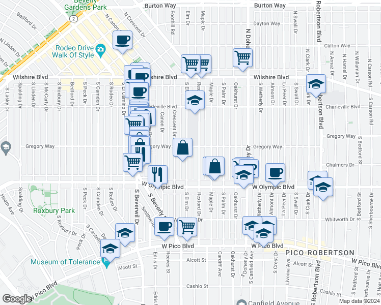 map of restaurants, bars, coffee shops, grocery stores, and more near 303 South Elm Drive in Beverly Hills