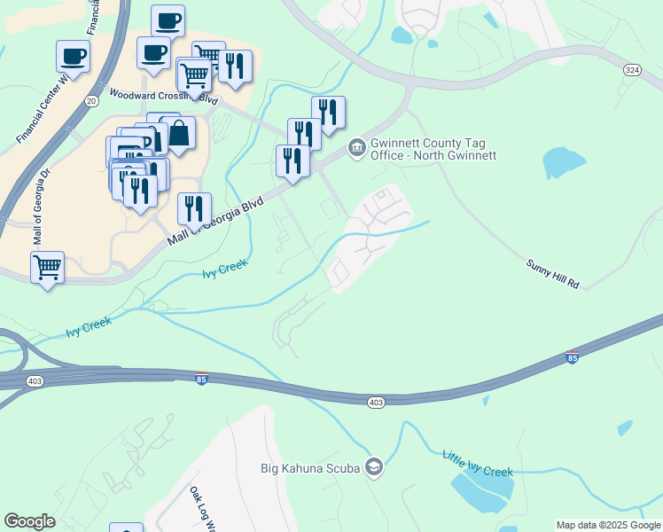 map of restaurants, bars, coffee shops, grocery stores, and more near 2011 Appaloosa Mill Circle Northeast in Buford