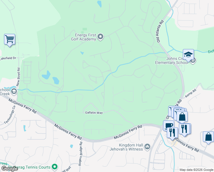 map of restaurants, bars, coffee shops, grocery stores, and more near 7950 Royal Melbourne Way in Duluth