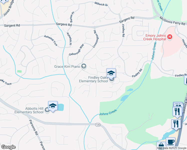 map of restaurants, bars, coffee shops, grocery stores, and more near 11620 Bentham Court in Alpharetta