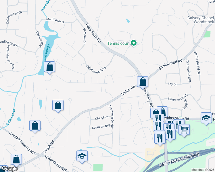 map of restaurants, bars, coffee shops, grocery stores, and more near 445 Gaillardia Way in Acworth