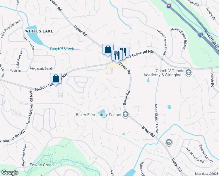 map of restaurants, bars, coffee shops, grocery stores, and more near 4450 Thorngate Lane in Acworth