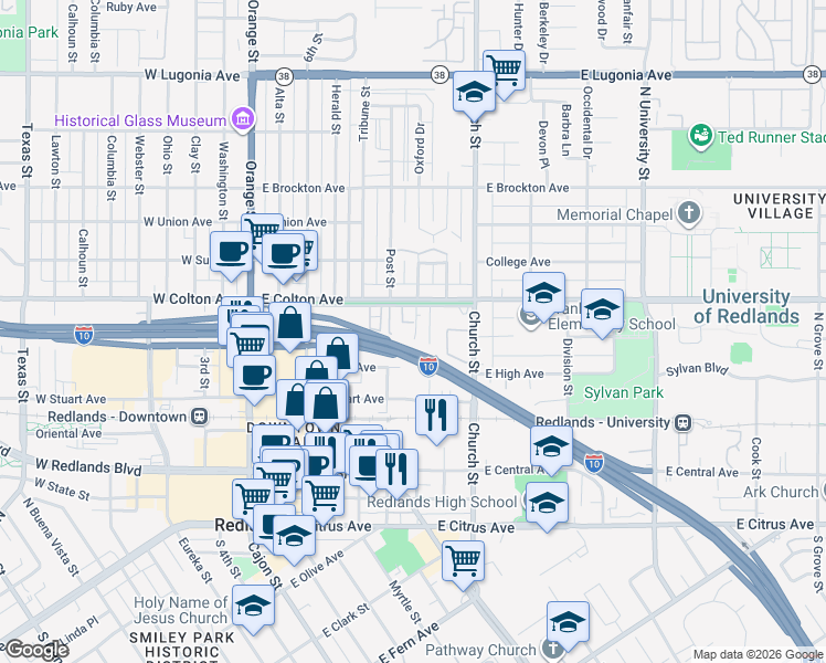 map of restaurants, bars, coffee shops, grocery stores, and more near 508 The Terrace in Redlands