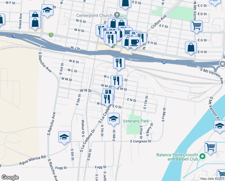 map of restaurants, bars, coffee shops, grocery stores, and more near 301 South La Cadena Drive in Colton
