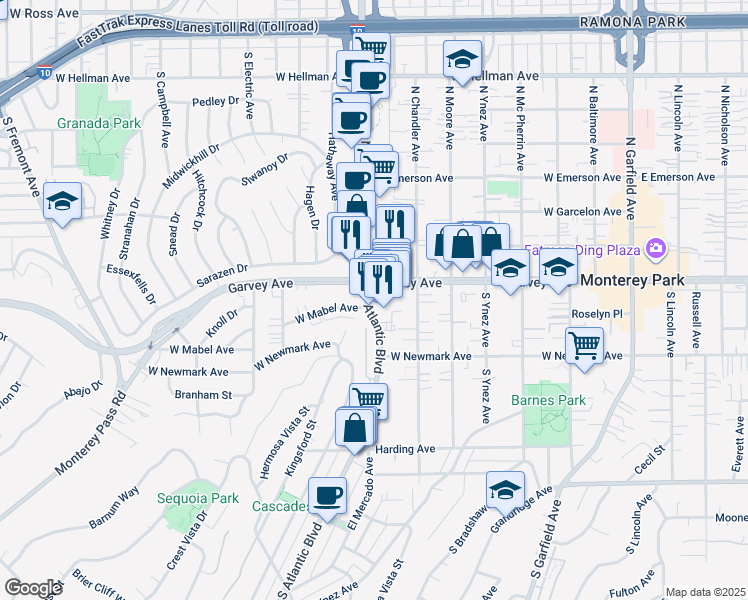 map of restaurants, bars, coffee shops, grocery stores, and more near in Monterey Park