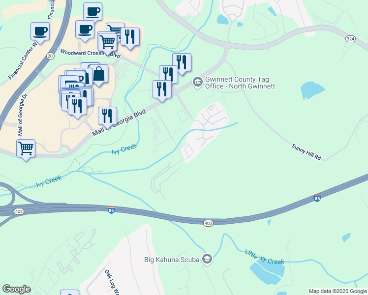 map of restaurants, bars, coffee shops, grocery stores, and more near 2011 Appaloosa Mill Circle Northeast in Buford