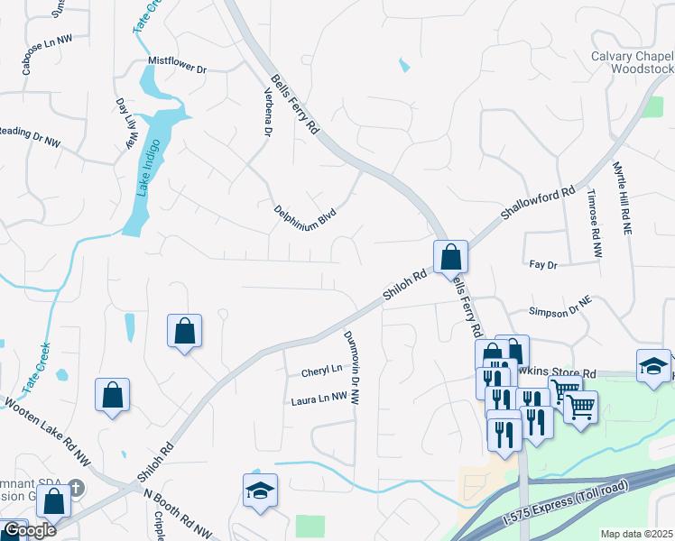 map of restaurants, bars, coffee shops, grocery stores, and more near 445 Gaillardia Way in Acworth