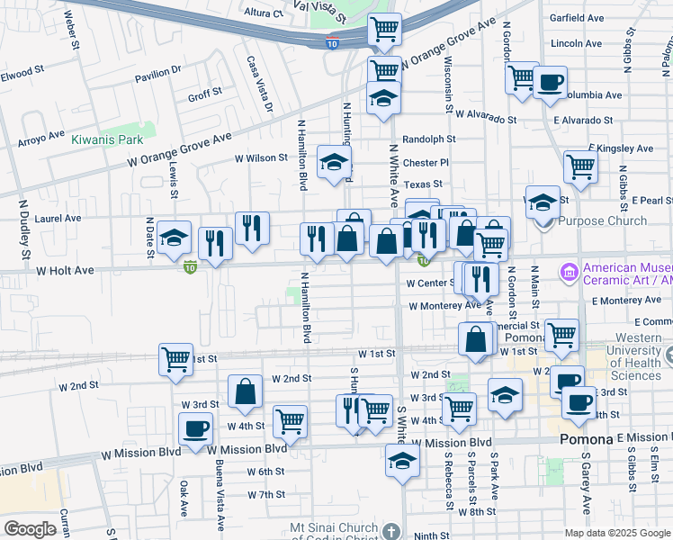map of restaurants, bars, coffee shops, grocery stores, and more near 730 West Holt Avenue in Pomona