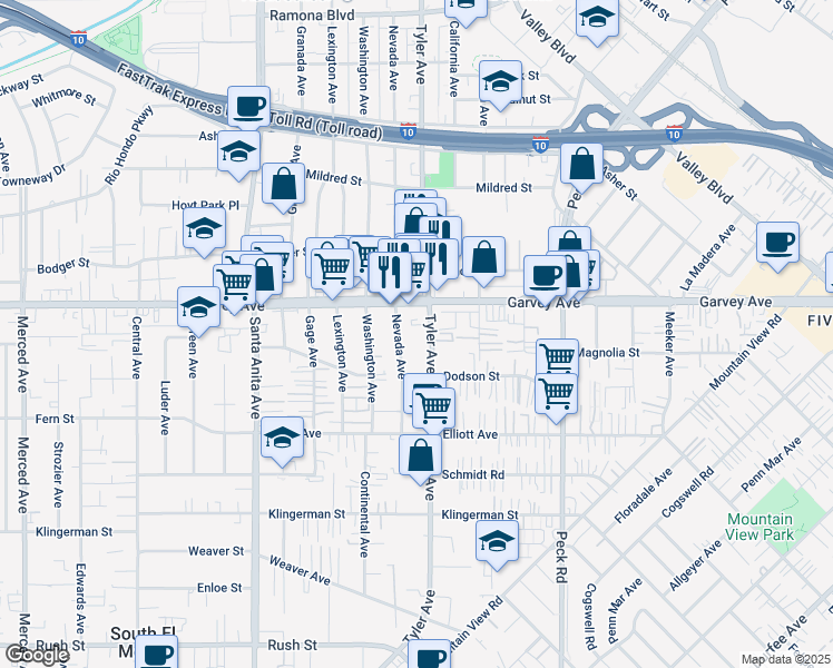 map of restaurants, bars, coffee shops, grocery stores, and more near 2817 Tyler Avenue in El Monte