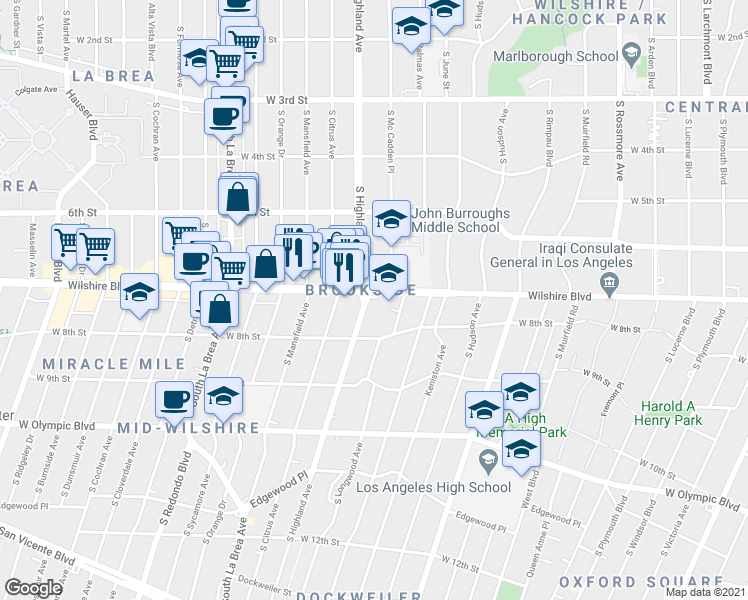 map of restaurants, bars, coffee shops, grocery stores, and more near in Los Angeles