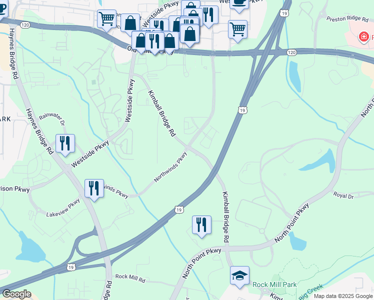 map of restaurants, bars, coffee shops, grocery stores, and more near 2519 Northwinds Parkway in Alpharetta