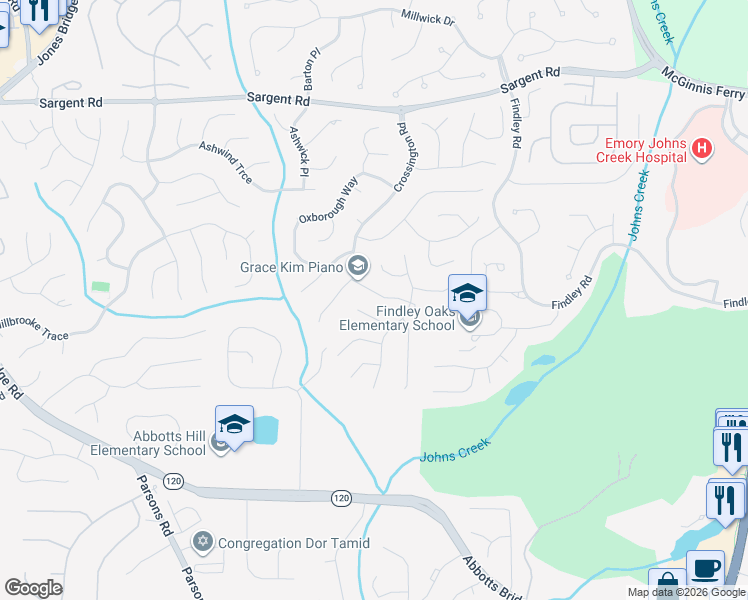 map of restaurants, bars, coffee shops, grocery stores, and more near 5955 Barrington Lane in Alpharetta