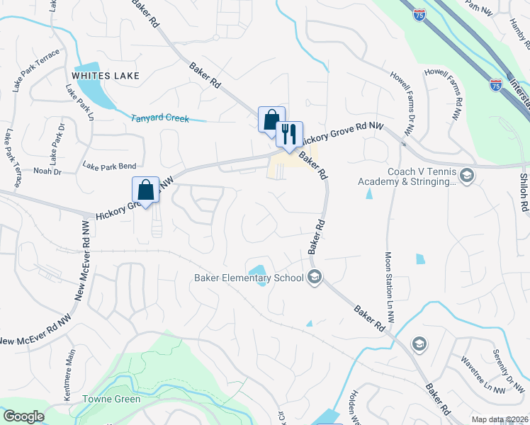 map of restaurants, bars, coffee shops, grocery stores, and more near 2580 Thorngate Way in Acworth