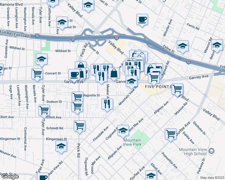 map of restaurants, bars, coffee shops, grocery stores, and more near 2820 Meeker Avenue in El Monte
