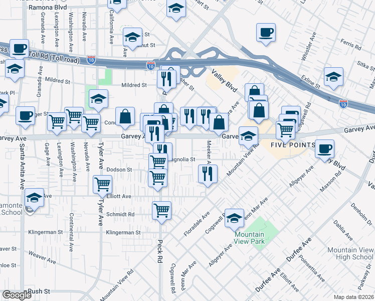 map of restaurants, bars, coffee shops, grocery stores, and more near 11400 Garvey Avenue in El Monte