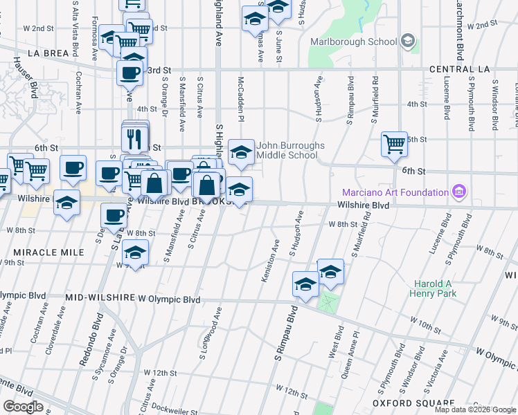 map of restaurants, bars, coffee shops, grocery stores, and more near 4854 Wilshire Boulevard in Los Angeles