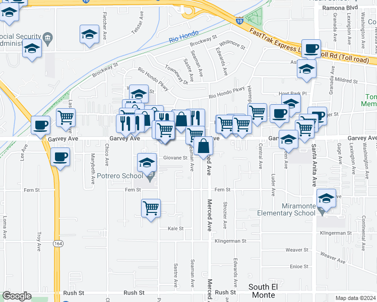 map of restaurants, bars, coffee shops, grocery stores, and more near 2731 Seaman Avenue in El Monte