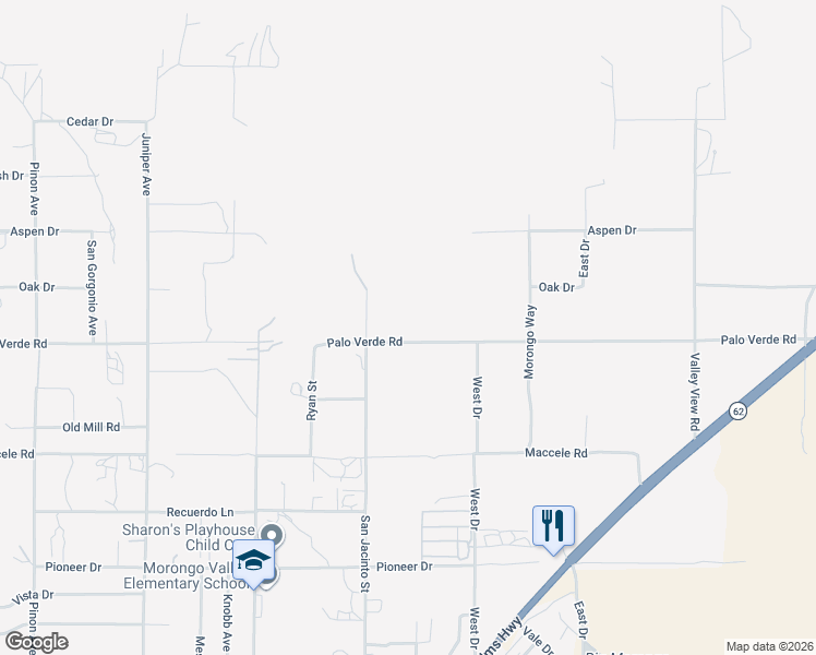 map of restaurants, bars, coffee shops, grocery stores, and more near 49774 Palo Verde Road in Morongo Valley