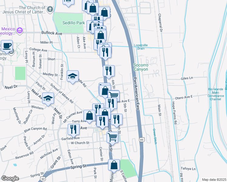 map of restaurants, bars, coffee shops, grocery stores, and more near 507 6th Street in Socorro