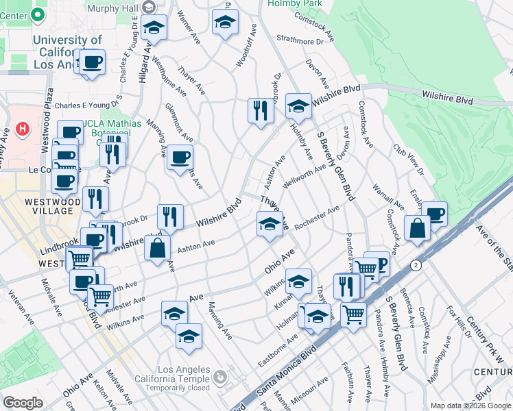 map of restaurants, bars, coffee shops, grocery stores, and more near Ashton Avenue in Los Angeles